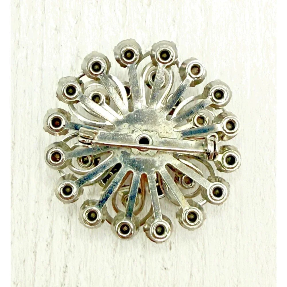 Vintage 1950s Rhinestone‎ Starburst Brooch Silver Tone Floral MCM Pin Crystal